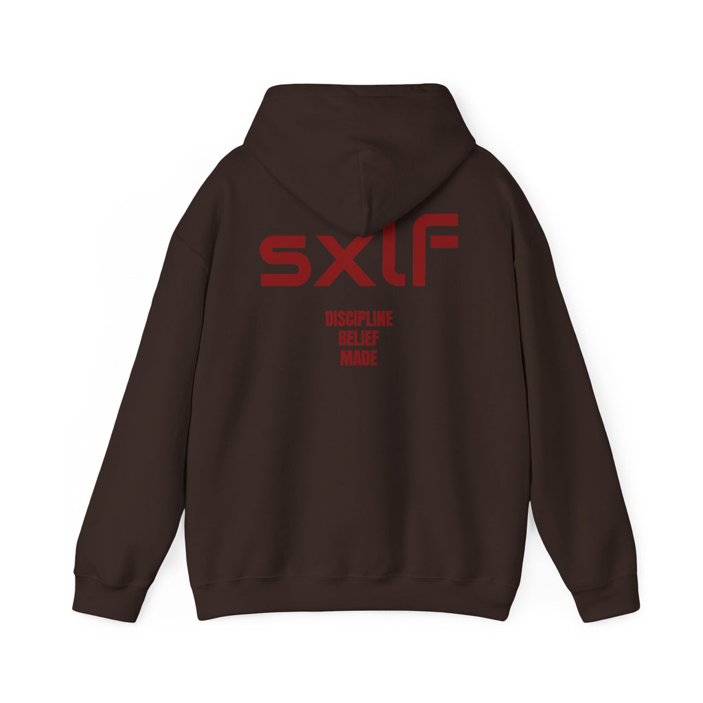SXLF Hoodie — Minimalist Motivational Hooded Sweatshirt ("Discipline / Belief / Made")
