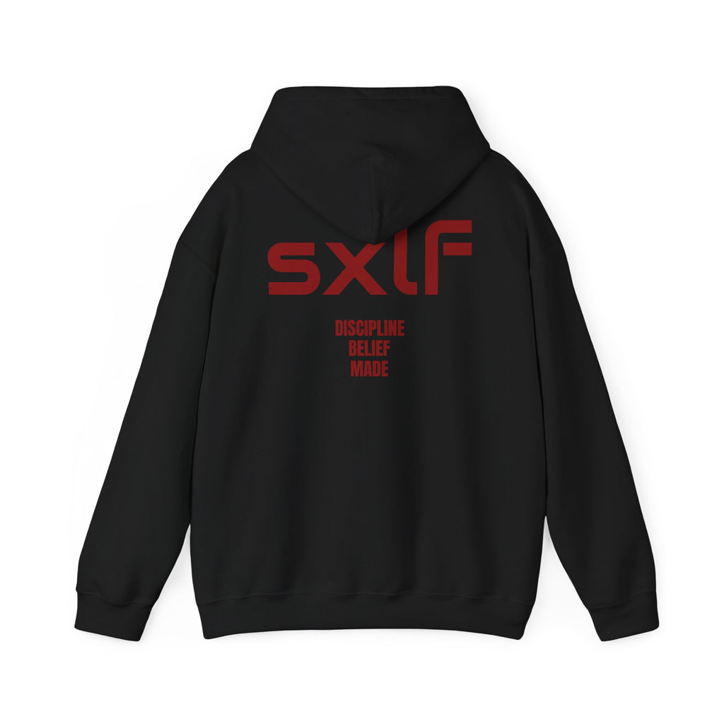 SXLF Hoodie — Minimalist Motivational Hooded Sweatshirt ("Discipline / Belief / Made")