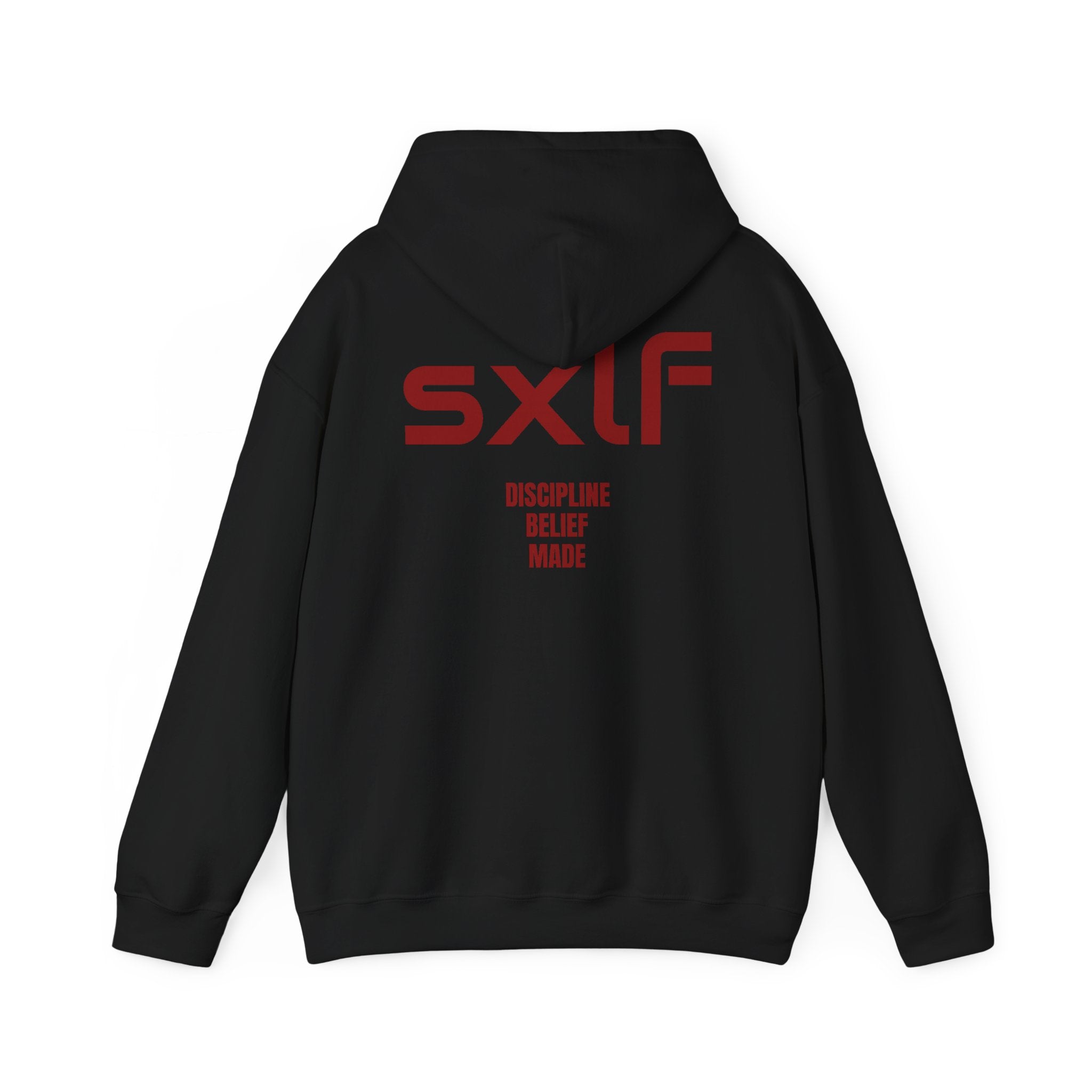 SXLF Hoodie — Minimalist Motivational Hooded Sweatshirt ("Discipline / Belief / Made")