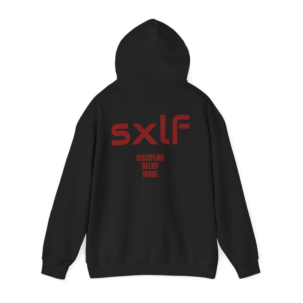 SXLF Hoodie — Minimalist Motivational Hooded Sweatshirt ("Discipline / Belief / Made")