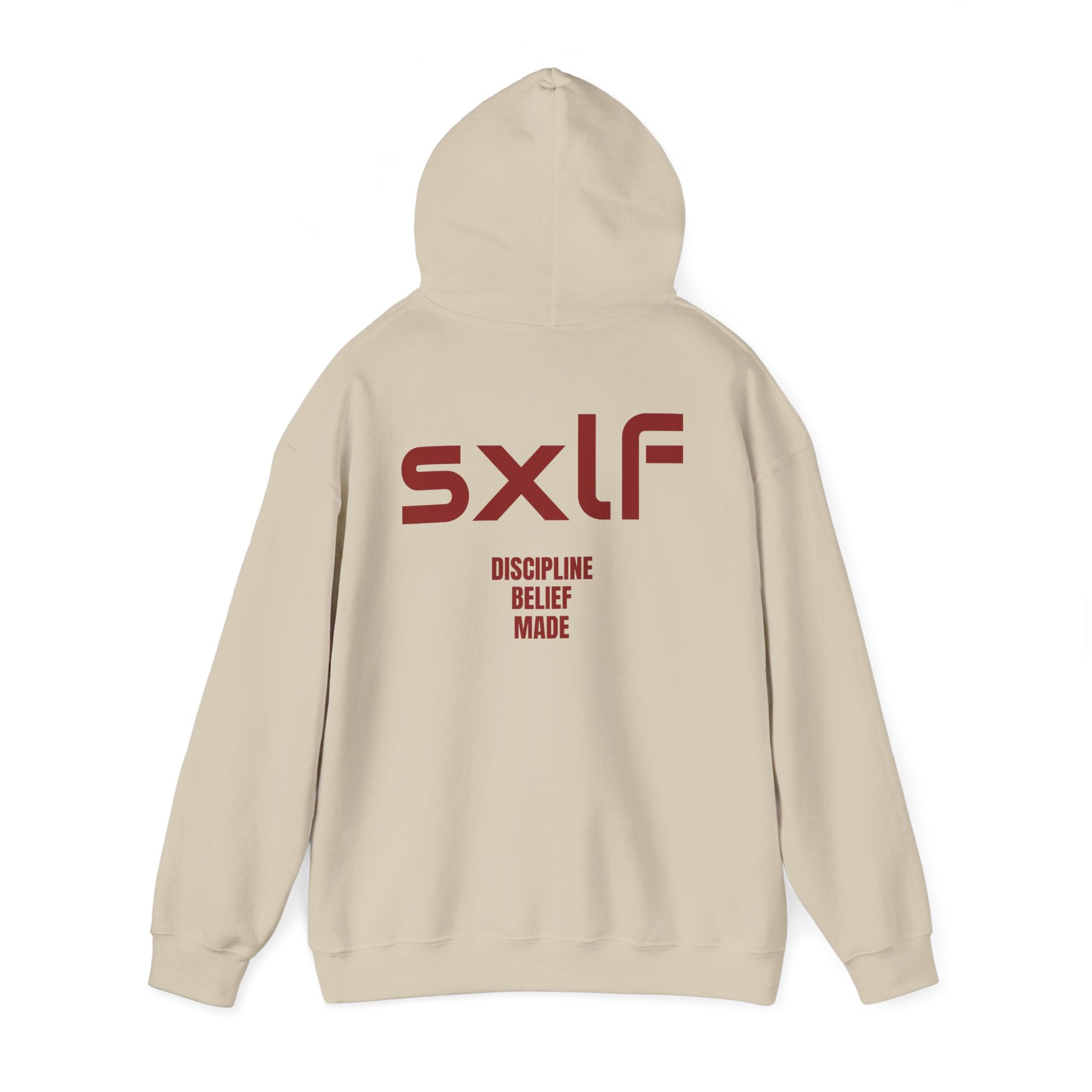 SXLF Hoodie — Minimalist Motivational Hooded Sweatshirt ("Discipline / Belief / Made")