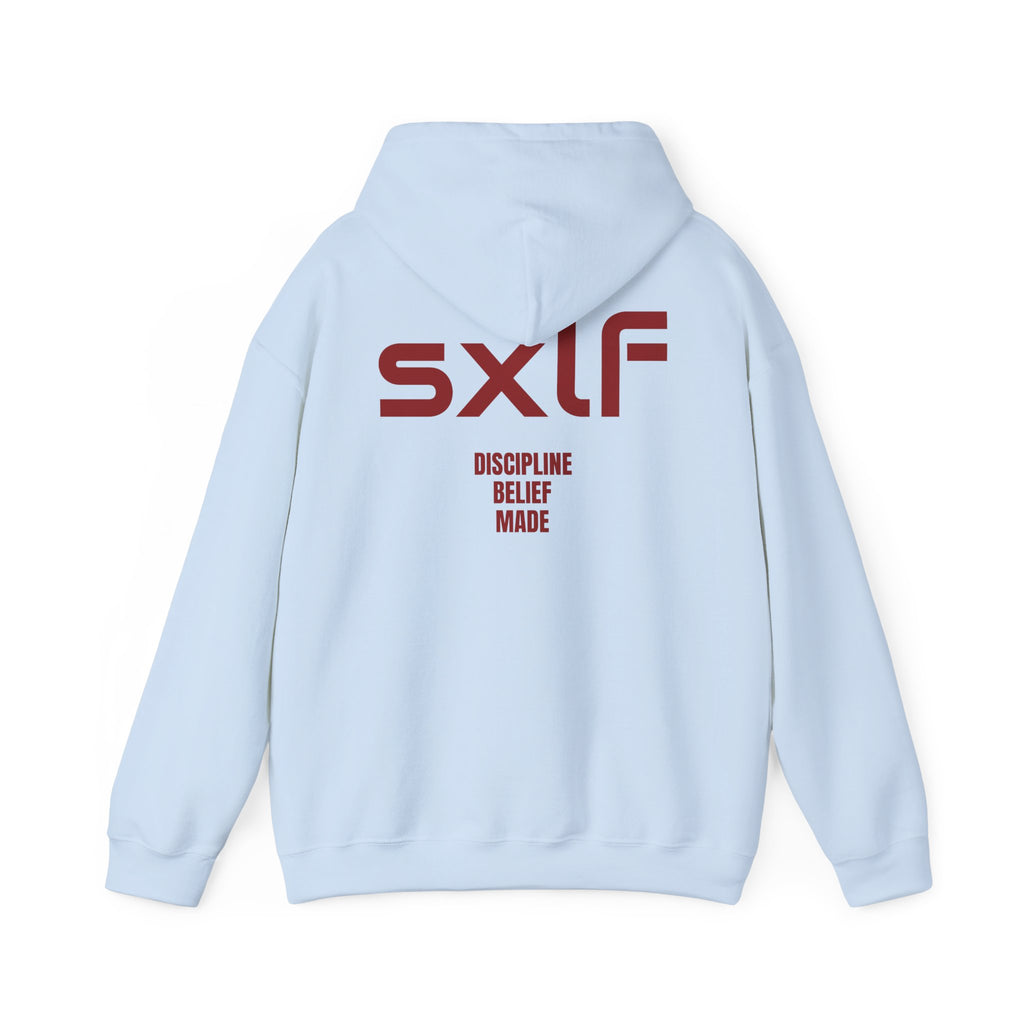 SXLF Hoodie — Minimalist Motivational Hooded Sweatshirt ("Discipline / Belief / Made")