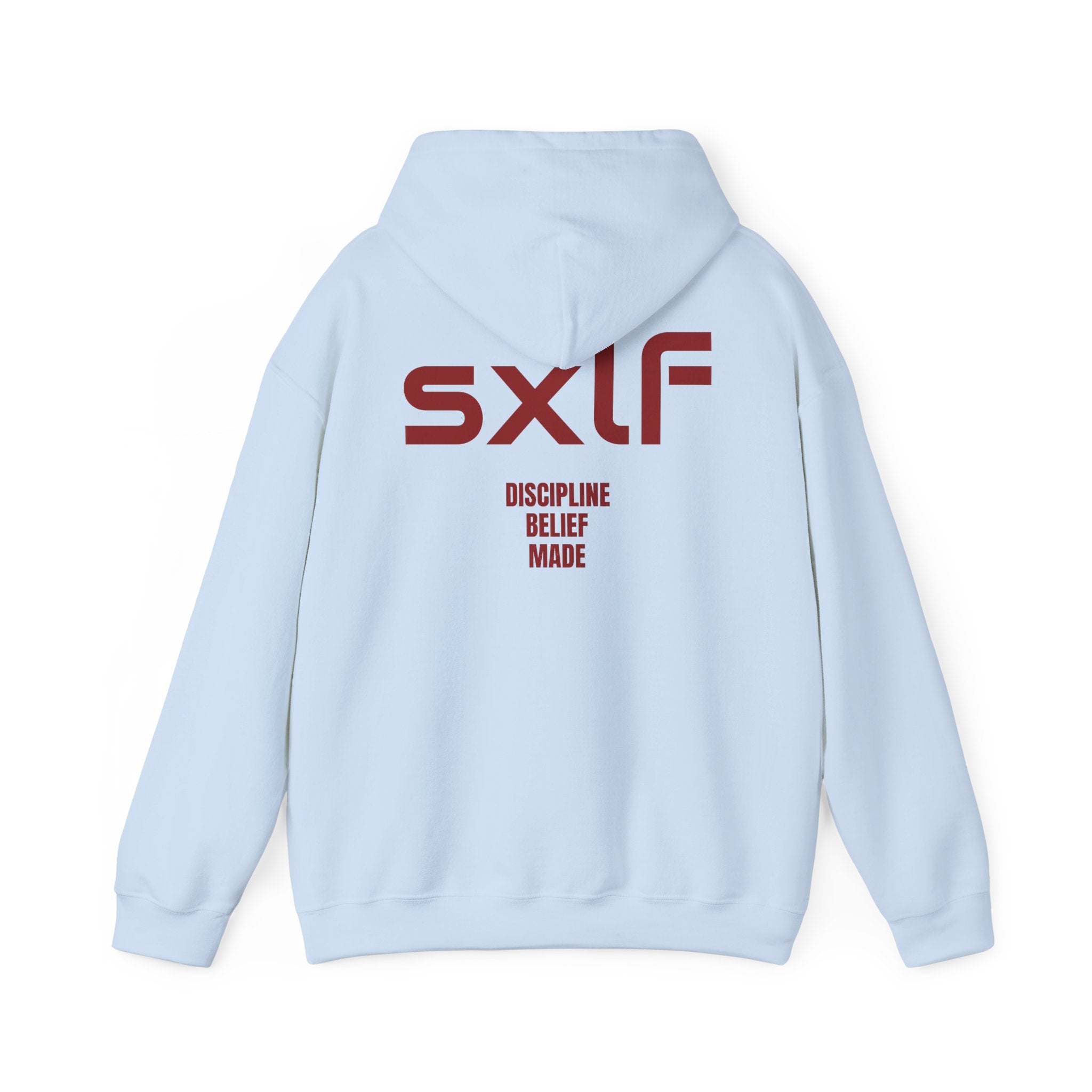 SXLF Hoodie — Minimalist Motivational Hooded Sweatshirt ("Discipline / Belief / Made")