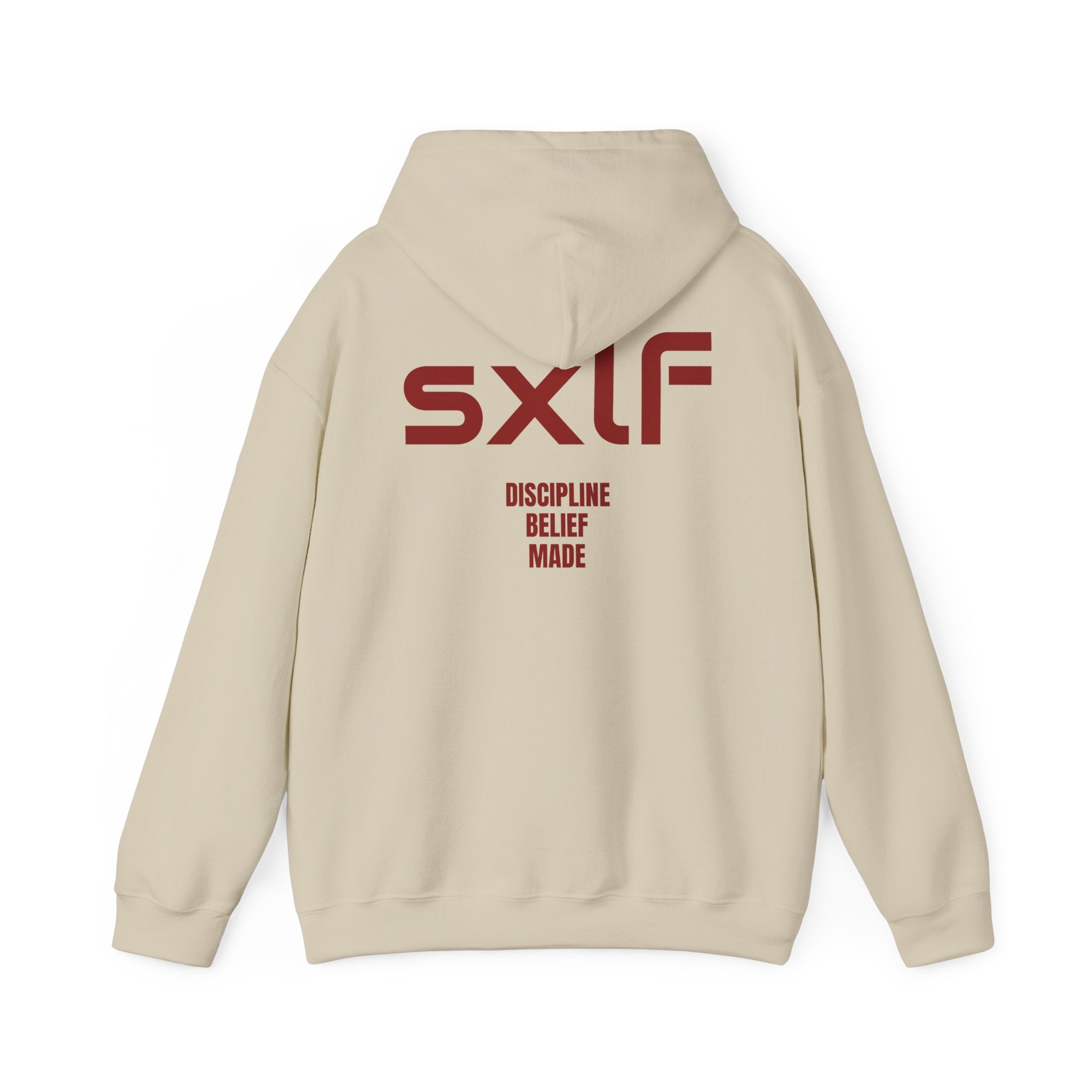 SXLF Hoodie — Minimalist Motivational Hooded Sweatshirt ("Discipline / Belief / Made")