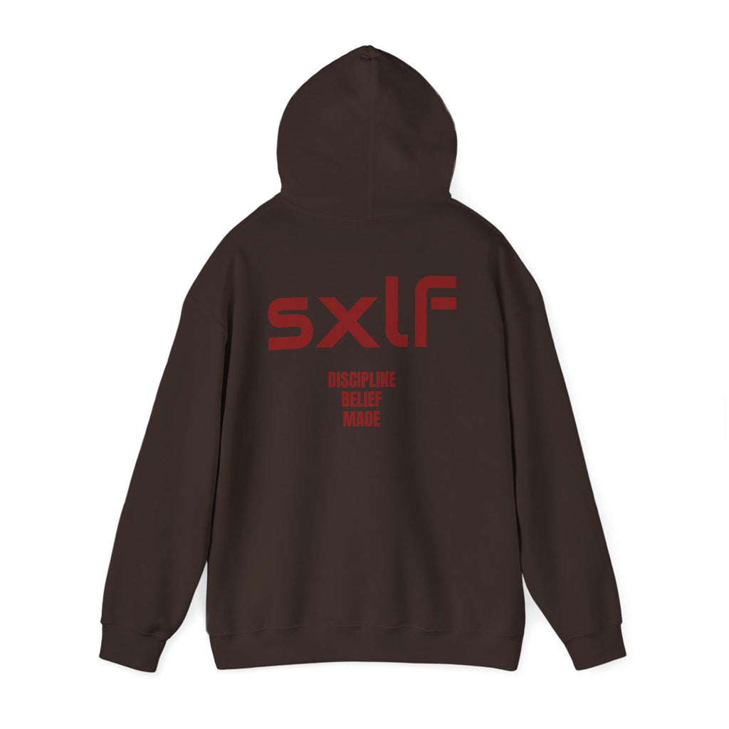 SXLF Hoodie — Minimalist Motivational Hooded Sweatshirt ("Discipline / Belief / Made")
