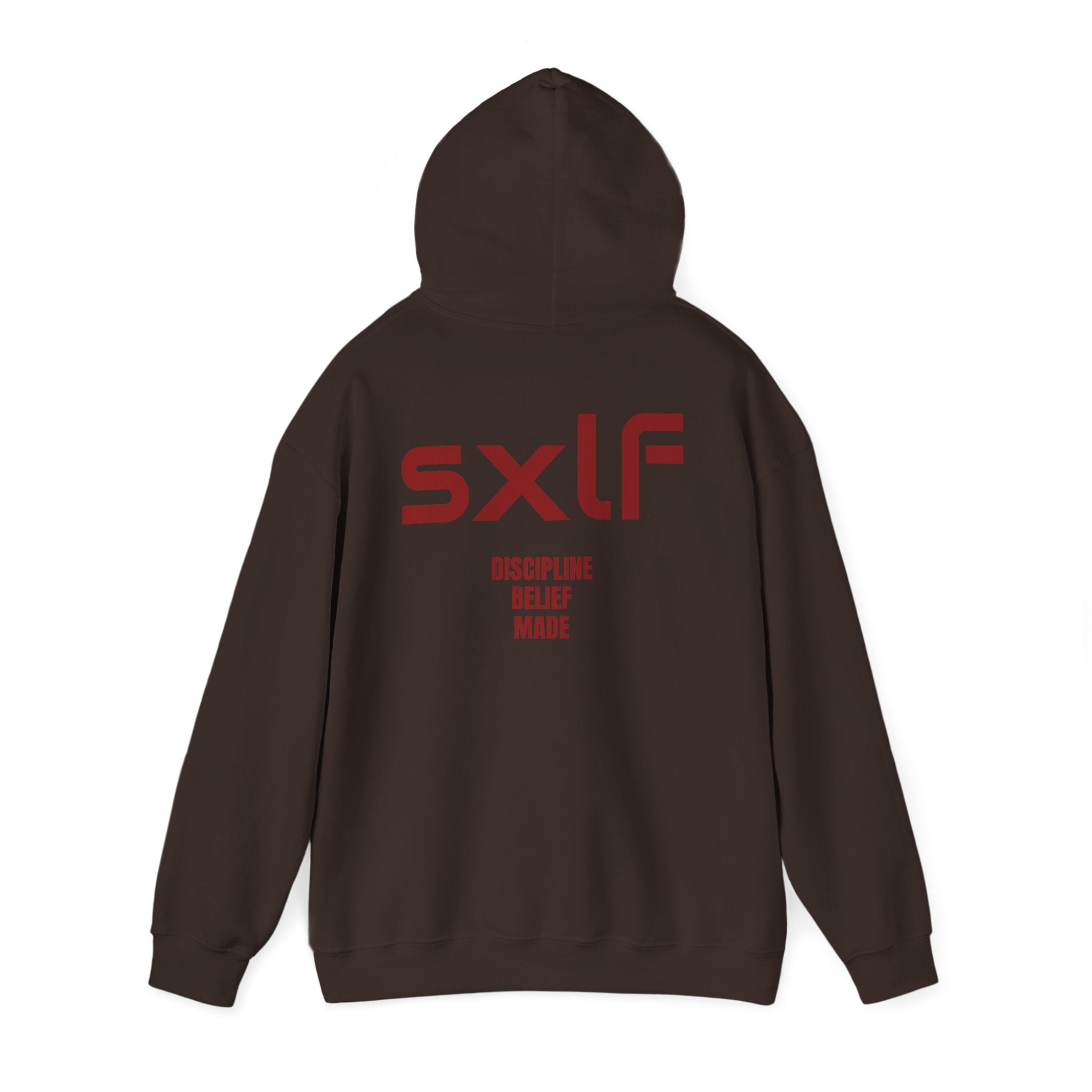 SXLF Hoodie — Minimalist Motivational Hooded Sweatshirt ("Discipline / Belief / Made")