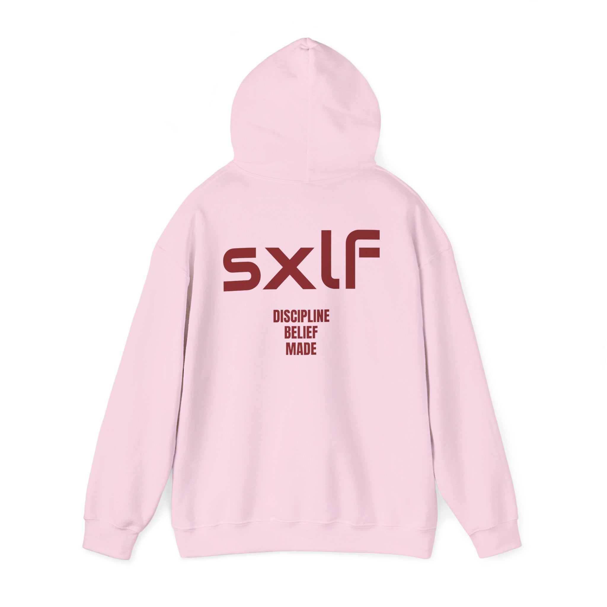 SXLF Hoodie — Minimalist Motivational Hooded Sweatshirt ("Discipline / Belief / Made")