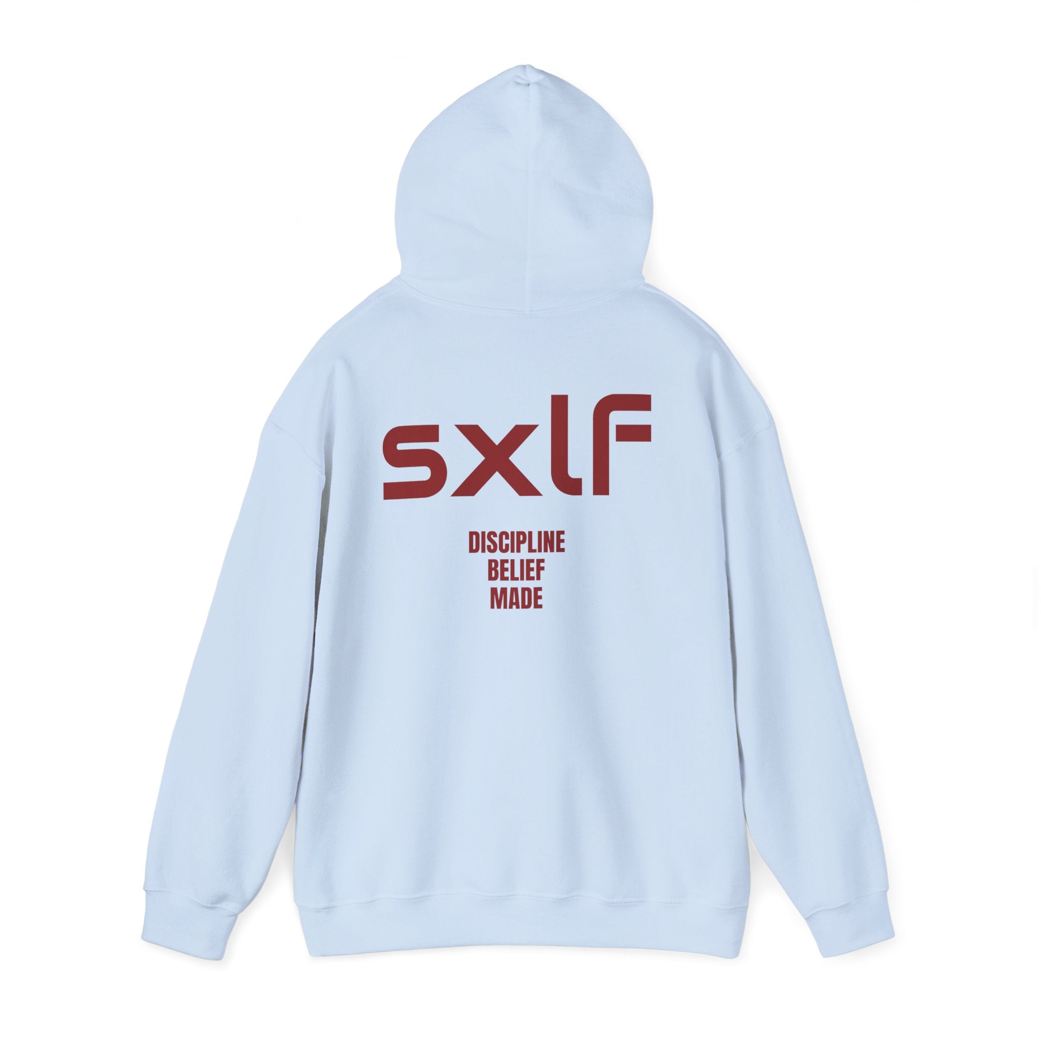SXLF Hoodie — Minimalist Motivational Hooded Sweatshirt ("Discipline / Belief / Made")