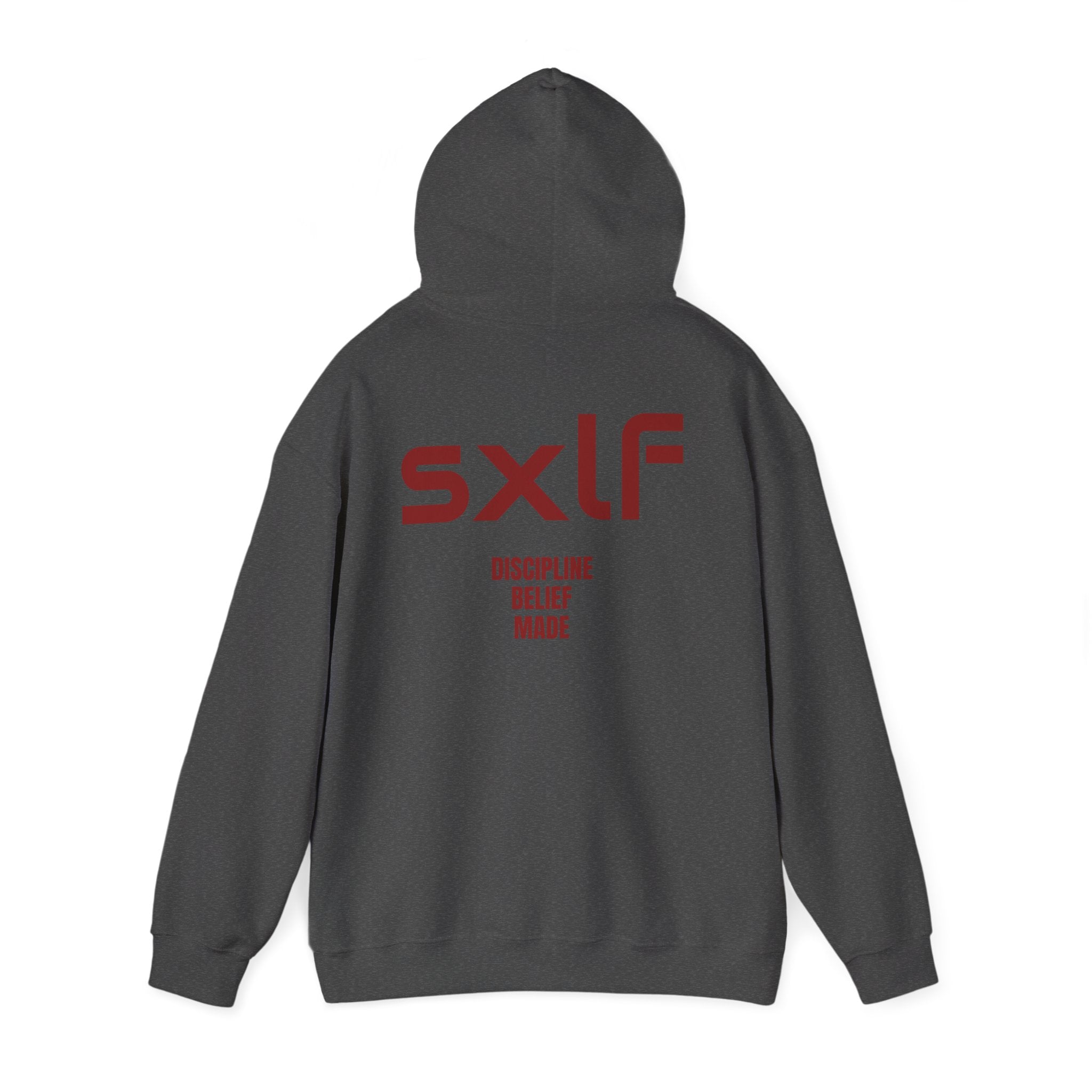 SXLF Hoodie — Minimalist Motivational Hooded Sweatshirt ("Discipline / Belief / Made")