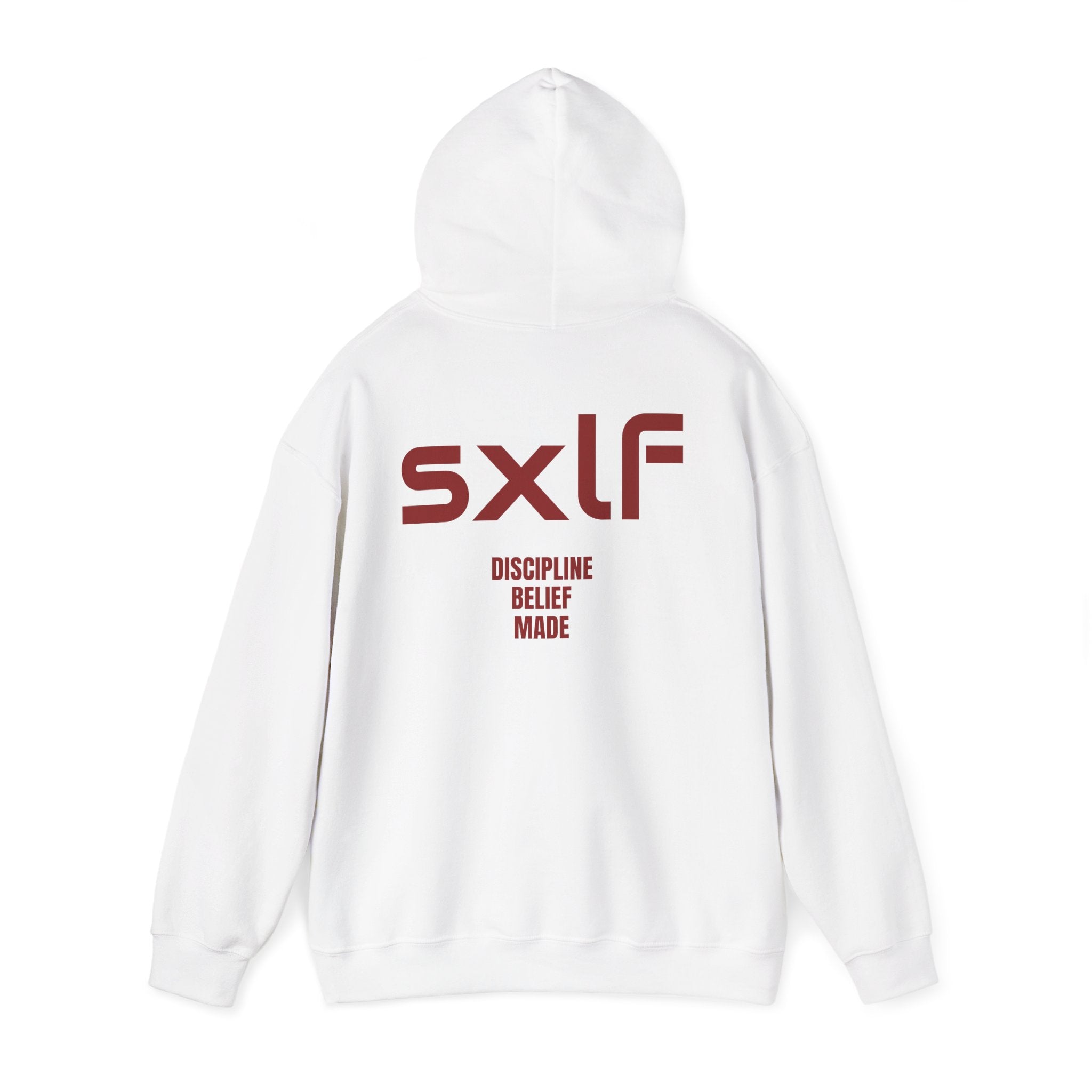 SXLF Hoodie — Minimalist Motivational Hooded Sweatshirt ("Discipline / Belief / Made")